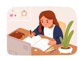 Kid doing homework. Cute school girl studying at home, learning, sitting at desk. Happy little primary child student Royalty Free Stock Photo