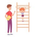 Kid doing pull ups in physical education class at school. Child with teacher doing exercise on ladder in PE vector