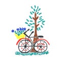 Kid doodle of bicycle with blue flowers in floral basket near tree with leaves isolated on white background. Royalty Free Stock Photo