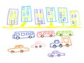 Kid doodle of city landscape with multistorey buildings and traffic on road isolated on white background.