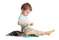 Kid drawing felt pens with cat Royalty Free Stock Photo