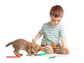 Kid drawing felt pens with cat Royalty Free Stock Photo