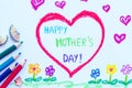 Kid drawing of red heart with HAPPY MOTHER`S DAY Royalty Free Stock Photo