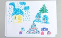 Kid drawing of winter Christmas and New Year scenes with covered with snow house and trees with gift boxes Royalty Free Stock Photo