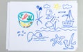 Kid drawings set of different sea animals and elements