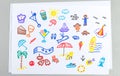 Kid drawings set of different summer beach vacation accessories and elements