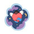 Kid Dreams, Sweet Dream Cloud with Cute Angel with Red Heart in Starry Sky, Childhood Fantasy Vector Illustration