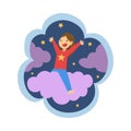 Kid Dreams, Sweet Dream Cloud with Girl Riding Cloud in Starry Sky, Childhood Fantasy Vector Illustration