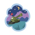 Kid Dreams, Sweet Dream Cloud with Military Tank, Childhood Fantasy Vector Illustration
