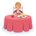 Kid eat. Child eating cooked breakfast dinner lunch, health food drink meal hungry boy table plate, cartoon character