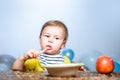 Kid eat healthy nutrition, baby food. Babies eating with spoon. Funny kid boy with plate and spoon. Royalty Free Stock Photo