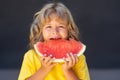 Kid eat watermelon. Kid is picking watermelon on gray background. Kid face and watermelon, close up. Royalty Free Stock Photo