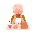Kid eating junk fast food. Happy boy biting burger, holding hamburger, fries on tray. Child during unhealthy fastfood