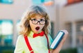 Kid from elementary school. Happy boy in glasses is going to school for the first time. Child with school bag and book Royalty Free Stock Photo