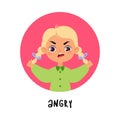 Kid Emotion with Angry Girl Character in Round Shape Show Face Expression Vector Illustration