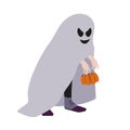 Kid with evil smiling ghost mantle, holding bags with candies. Halloween holiday character. Isolated illustration