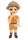 Kid explorer boy with safari hat holding magnifying glass and treasure map Royalty Free Stock Photo