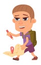 Cartoon scout. Boy using map. Royalty Free Stock Photo