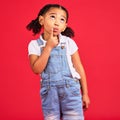 Kid, face or thinking finger on chin by isolated red background in games innovation, question or planning vision. Little