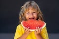 Kid face and watermelon, close up. Child eat watermelon. Kid is picking watermelon on gray background. Royalty Free Stock Photo