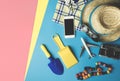 Kid fashion beach accessories flatlay for Summer vacation theme Royalty Free Stock Photo