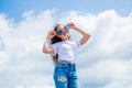 Kid fashion and beauty. sense of freedom. portrait of pretty child girl in party glasses. concept of summer. happy