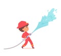 Kid firefighter with hose, boy fireman in red helmet holding firehose with flowing water Royalty Free Stock Photo
