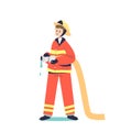 Kid fireman. Small boy child in red uniform holding water hydrant hose work as firefighter Royalty Free Stock Photo
