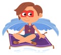 Kid flying on magic carpet. Fantasy child dream Royalty Free Stock Photo