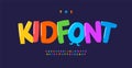 Kid font cartoon letters joyful alphabet. Childish playful color typographic design. Regular uppercase glared type