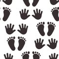 Kid footprint and handprint vector seamless pattern. Little cute steps, black silhouettes. Fun illustration Royalty Free Stock Photo