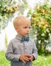 Kid gentleman style. Boy with bowtie on garden background.
