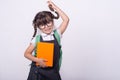 Kid get ready for school. Back to school and happy time. Science education concept. Royalty Free Stock Photo