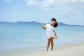 Kid girl american african playing relax enjoy life funny moment on the beach in sea vie