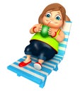 Kid girl with Beach chair & Coconut