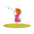 Kid girl blowing soap bubbles vector cartoon character Royalty Free Stock Photo