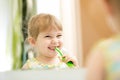 Kid girl brushing teeth in bathroom Royalty Free Stock Photo