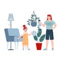 Kid girl busy with daily household chores helping parent care to potted plants Royalty Free Stock Photo