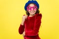 Kid girl cheerful posing with eyeglasses party attribute. Lets have fun. Party accessories concept. She ready start Royalty Free Stock Photo