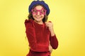 Kid girl cheerful posing with eyeglasses party attribute. Lets have fun. Party accessories concept. She ready start Royalty Free Stock Photo
