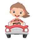 Kid girl drives a car. Red childrens automobile. Toy vehicle. With a motor. Nice passenger auto. Pedal or electric