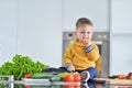 Kid girl eating healthy vegetables at kitchen Royalty Free Stock Photo