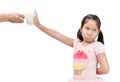 Kid girl with expression of disgust against fresh milk Royalty Free Stock Photo