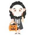 Cute kid girl Halloween wearing skeletom costume and skull mask