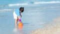 Kid girl have fun and playing sand and water at tropical beach. Royalty Free Stock Photo