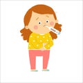 Kid girl having fever. Cartoon vector hand drawn eps 10 illustration isolated on white background in a flat style.