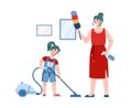 Kid girl helping mother with daily household chores, family busy housework.