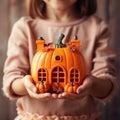 Kid girl holding pumpkin toy house, close up. AI generated picture