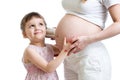 Kid girl listening with can pregnant pregnant mother Royalty Free Stock Photo