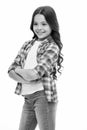 Kid girl long curly hair posing confidently. Girl curly hairstyle smiling face feels confident. Child hold hands Royalty Free Stock Photo